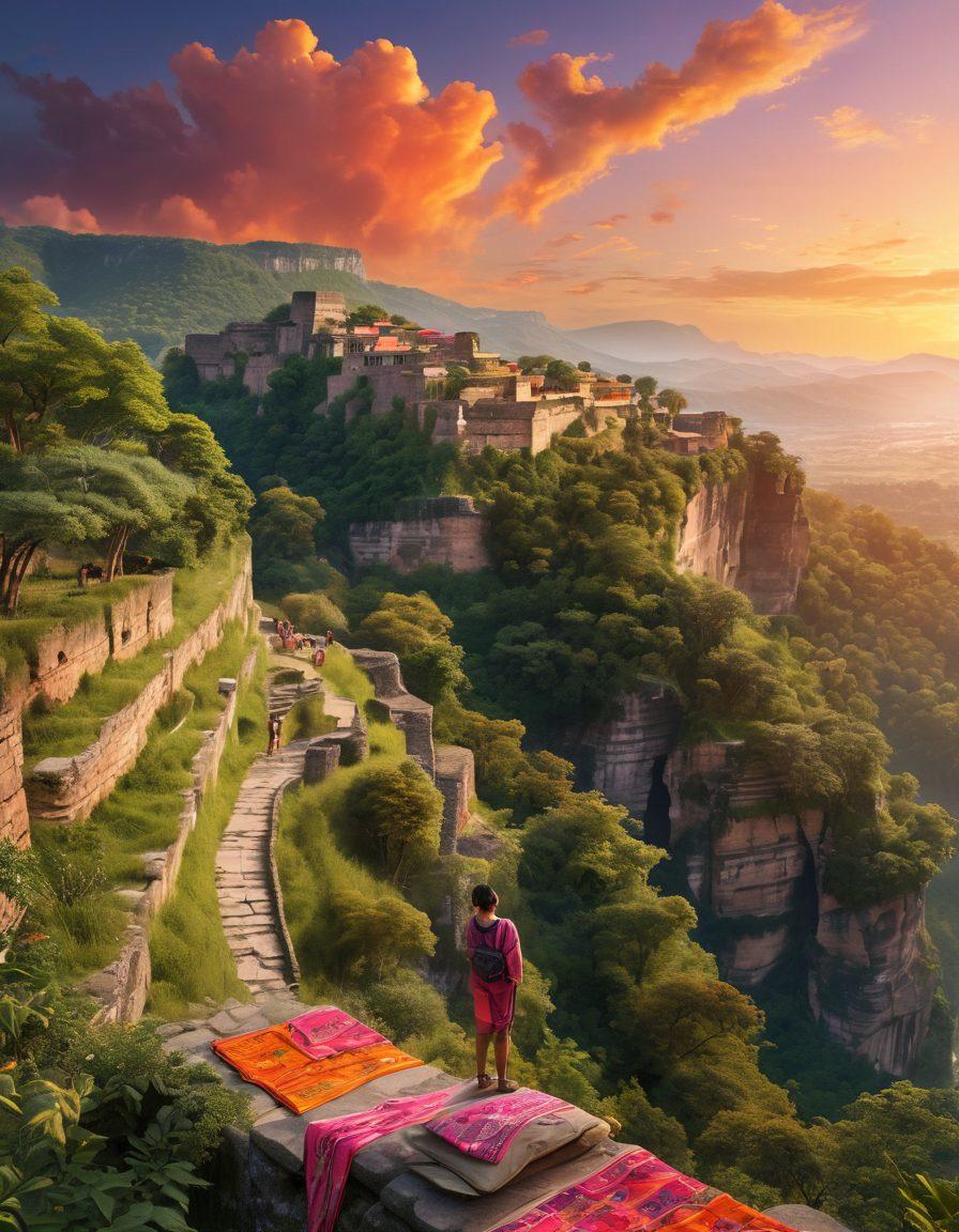 An adventurous traveler standing on a breathtaking cliff edge, overlooking a diverse landscape filled with lush green forests, ancient ruins, and vibrant cultural festivals depicted in the background. Incorporate elements of both cultural tours and nature trips, such as a local market with colorful textiles and a serene river flowing below. The sky is a gradient of oranges and pinks at sunset, adding warmth and excitement to the scene. super-realistic. vibrant colors. 3D.