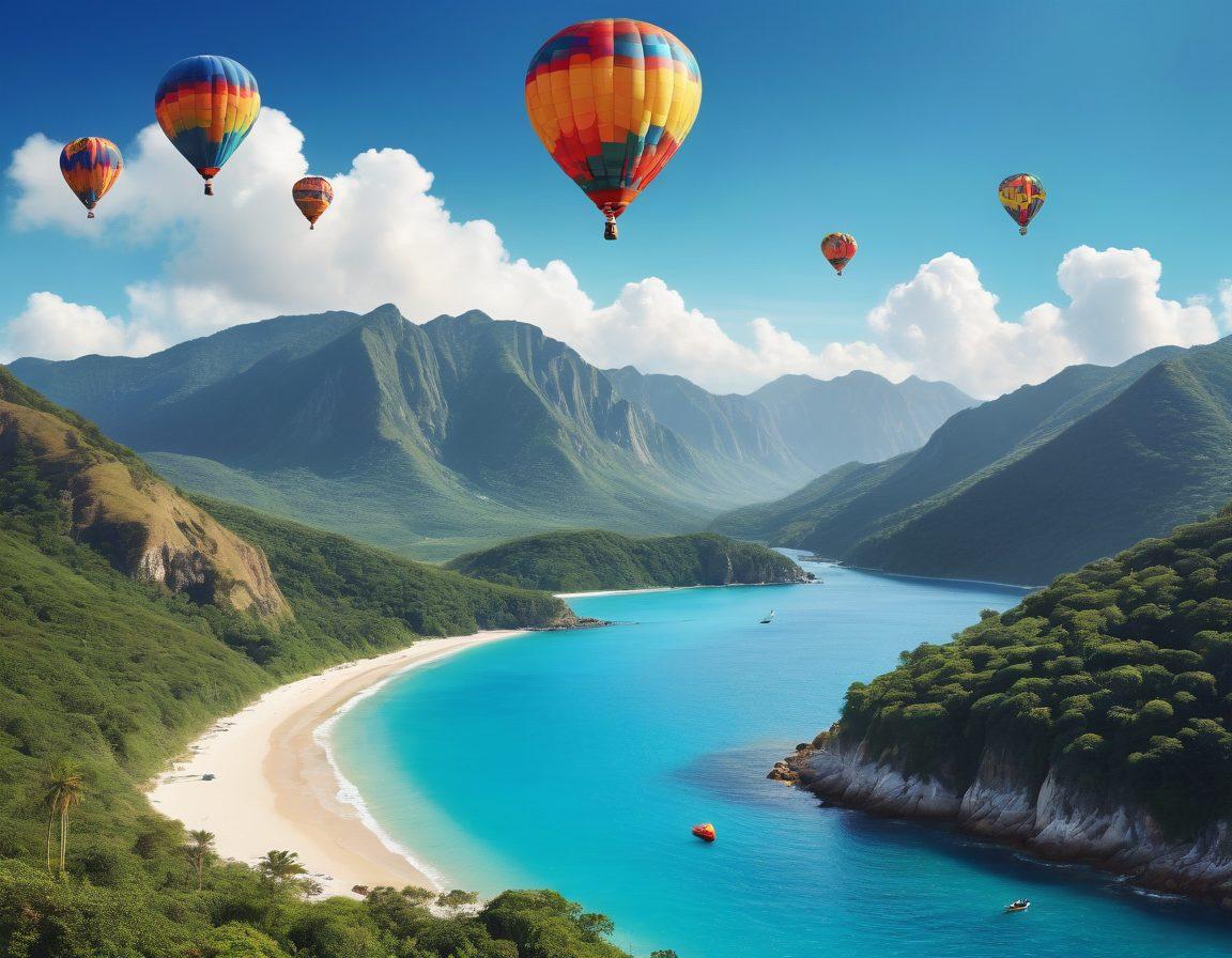 A stunning collage of diverse adventure activities, including a hot air balloon floating over majestic mountains, a vibrant beach with snorkeling excursions, and a thrilling hiking trail through lush forests. Emphasize the joy on people's faces while engaging in these experiences, set against a bright blue sky with fluffy white clouds. super-realistic. vibrant colors. high contrast.