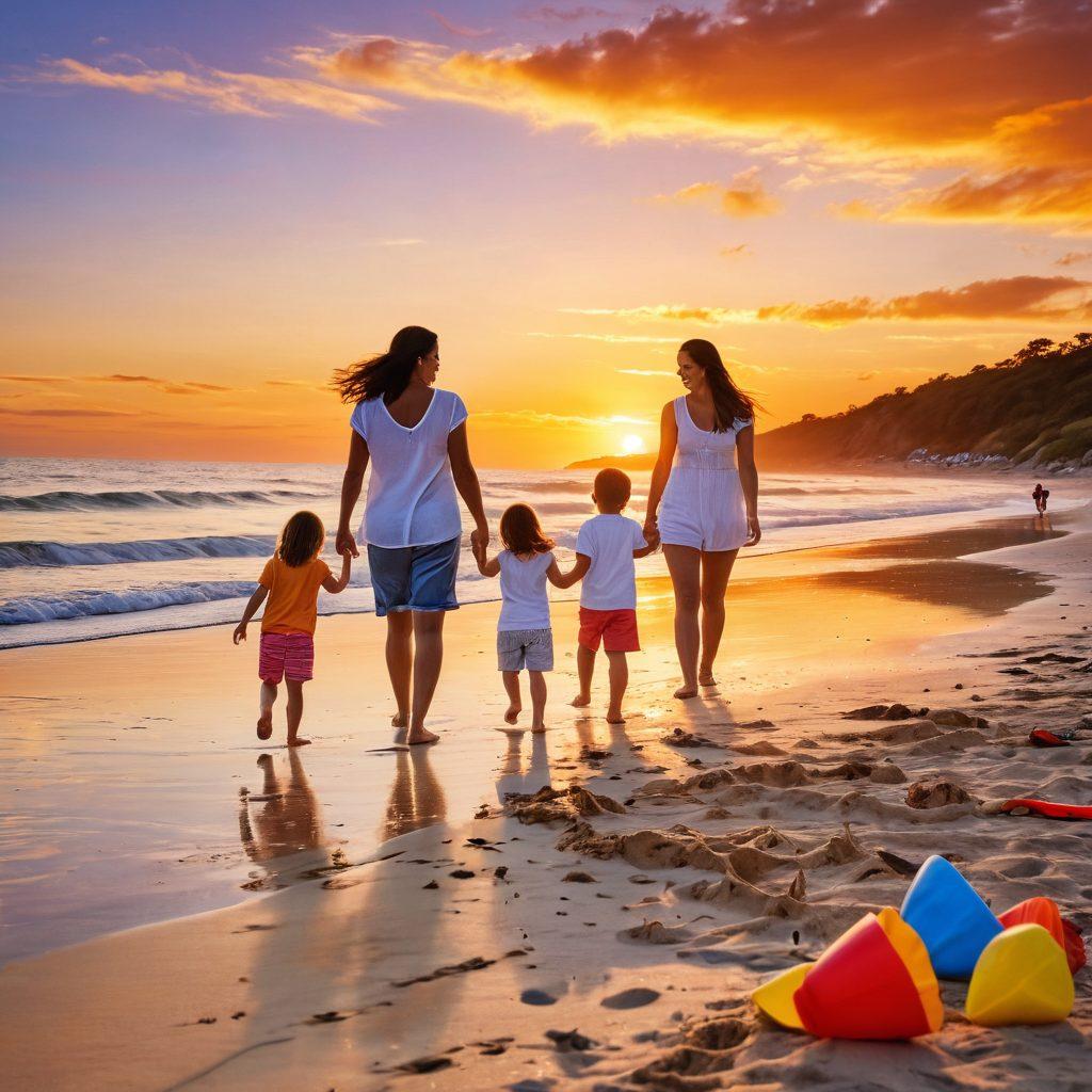 A joyful family exploring a picturesque beach, building sandcastles and laughing together, with colorful beach toys scattered around. In the background, a vibrant sunset casts warm hues across the sky, enhancing the sense of fun and adventure. Include playful seagulls flying above, and footprints leading towards the shoreline. The scene should evoke a feeling of warmth and happiness. super-realistic. vibrant colors. sunset backdrop.